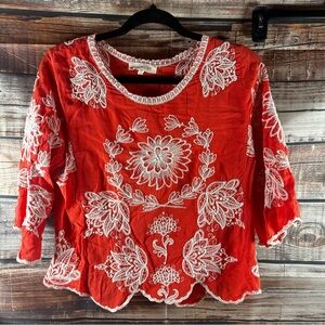 Solitaire Red and White Embellished 3/4 Sleeve Blouse